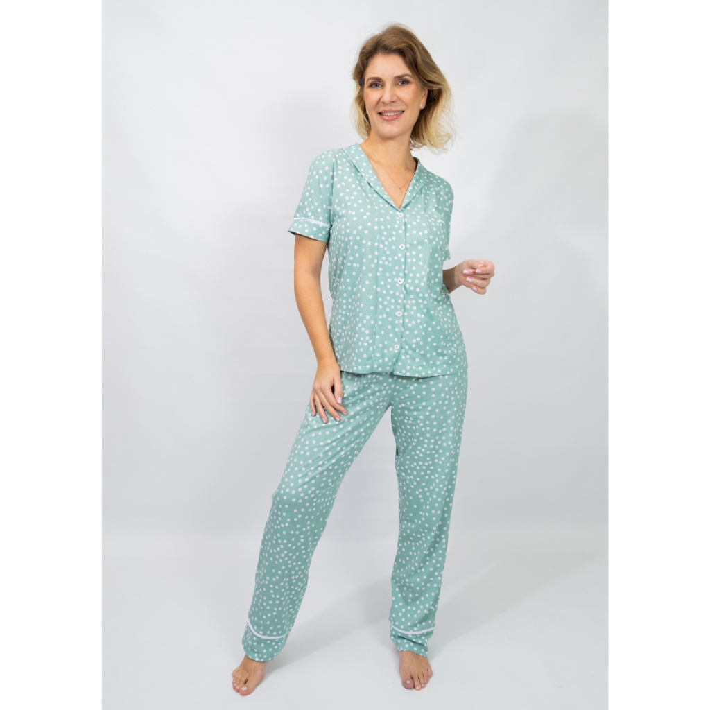 Pijama Feminino Americano Botões Frente Manga curta com Calça Algodão Amamentação–Verde Poá