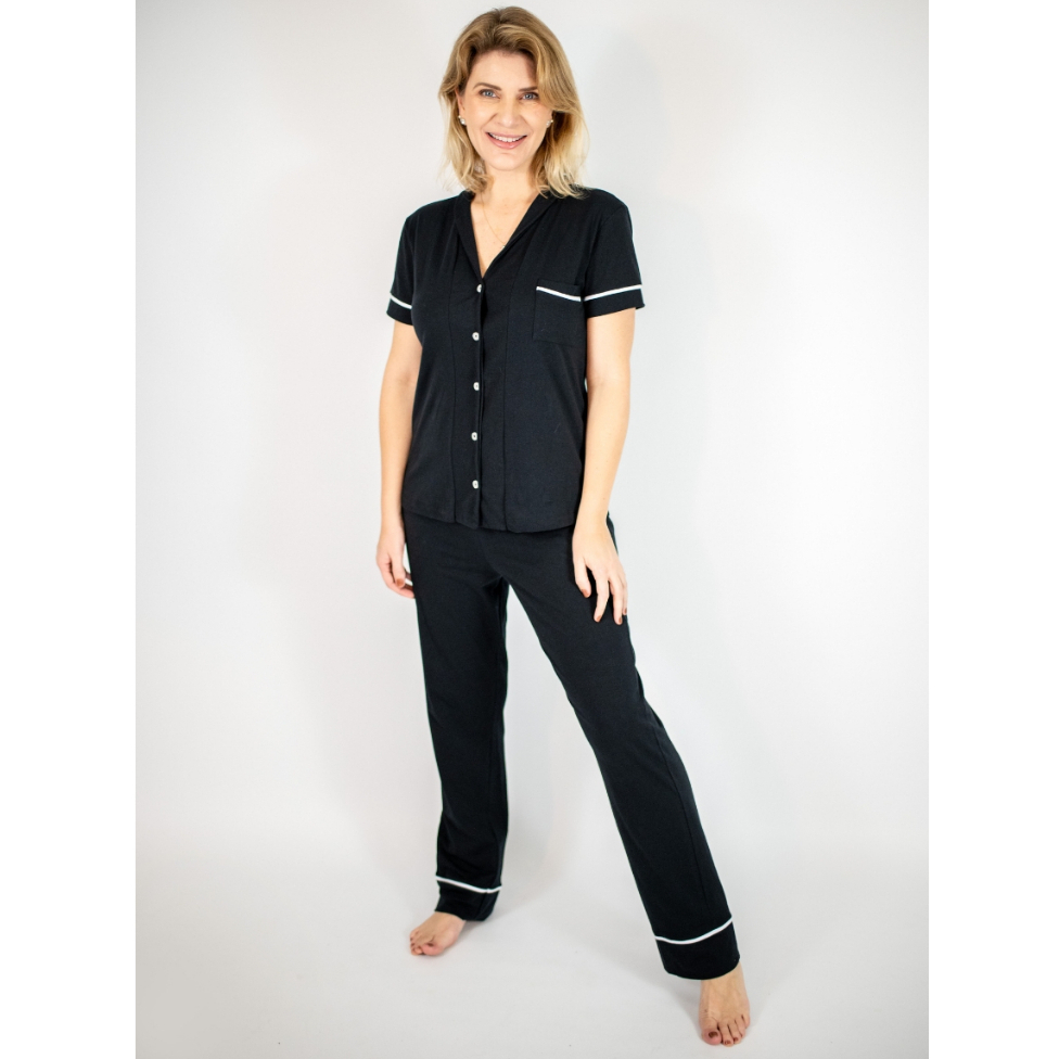 Pijama Feminino Americano Botões Frente Manga curta com Calça Algodão Amamentação– Preto