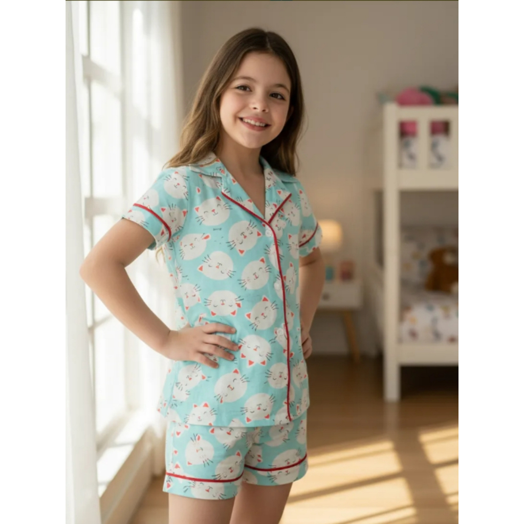 Pijama Americano Manga Curta Infantil Algodão - Gatinhos Verde