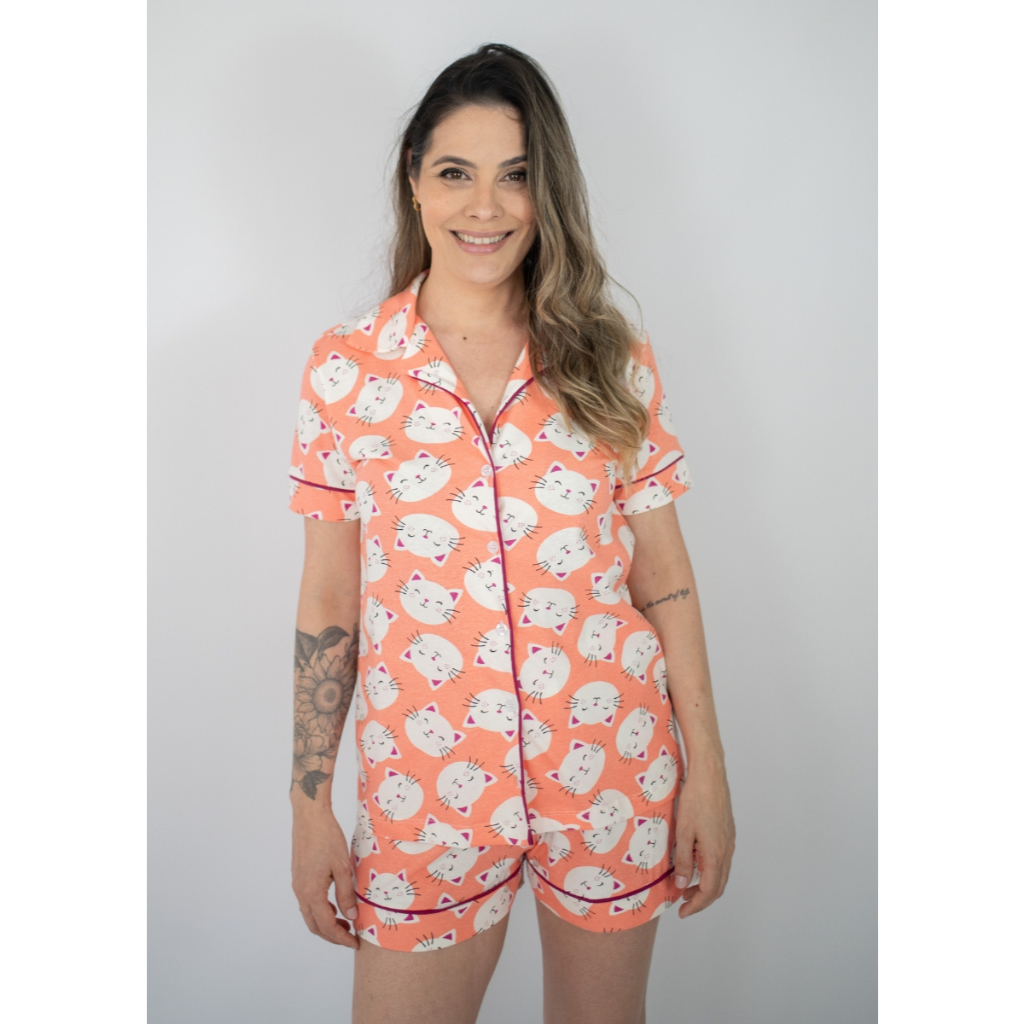 Pijama Americano Manga Curta Flávia  - Gatinhos Coral