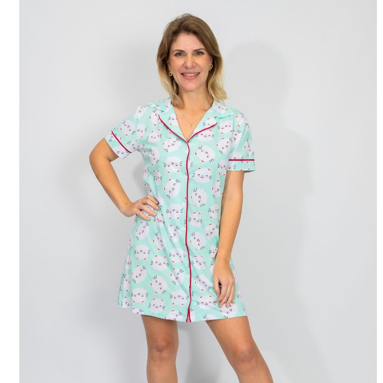 Camisola Feminina modelo Americano Abertura com Botões Manga Curta Amamentação- Gatinhos Verde