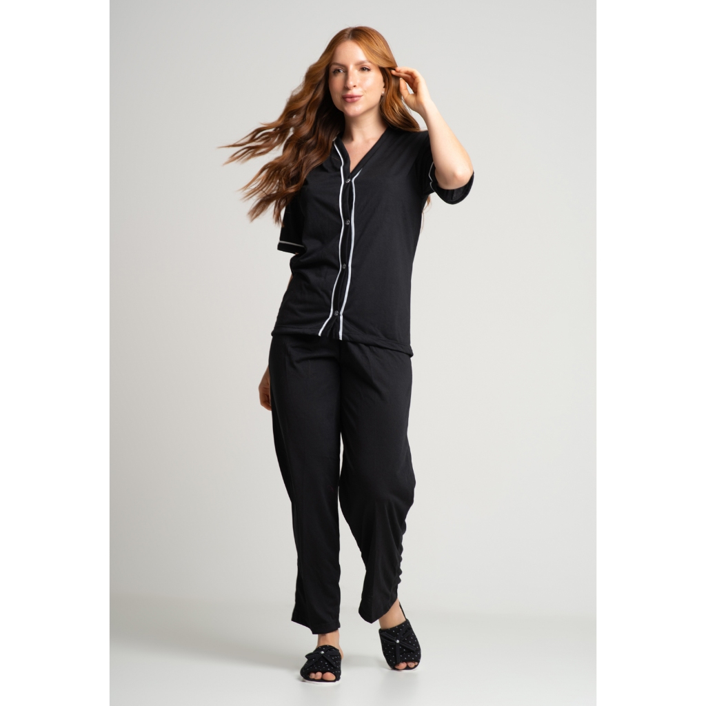 Pijama Blogueira Manga Curta Aberto Botões Calça Americano Amamentação