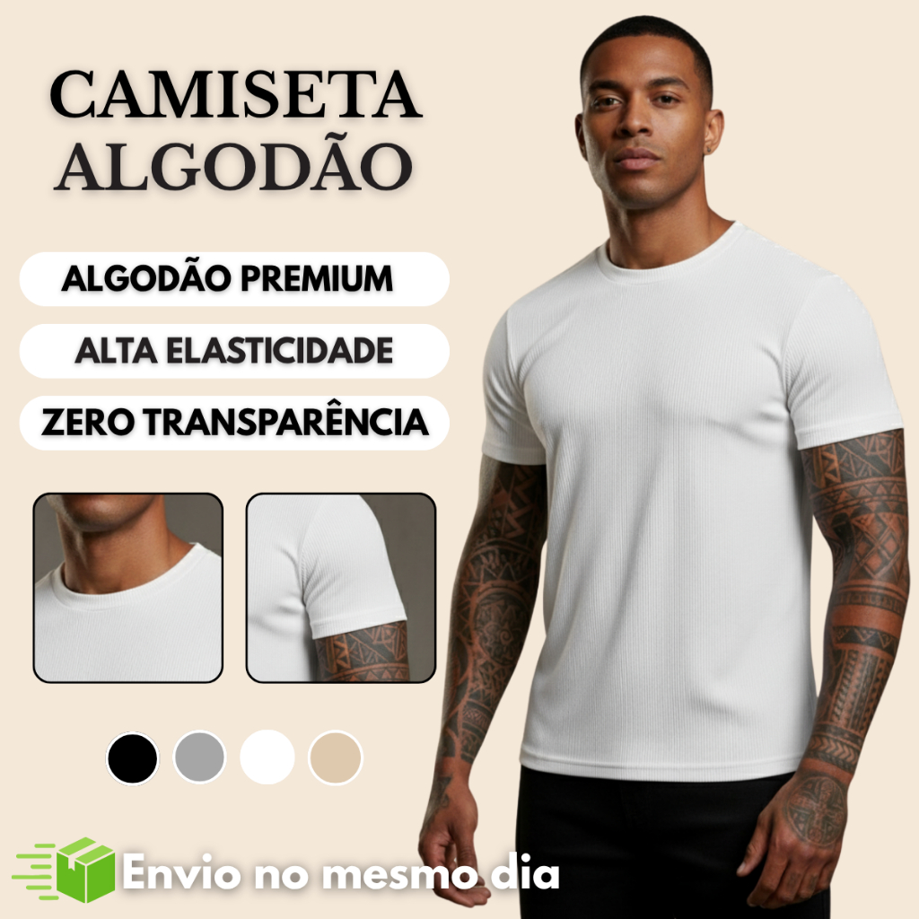 Camiseta Canelada Masculina Gola Redonda Manga Curta Alta Qualidade Moda Americana Algodão Justa