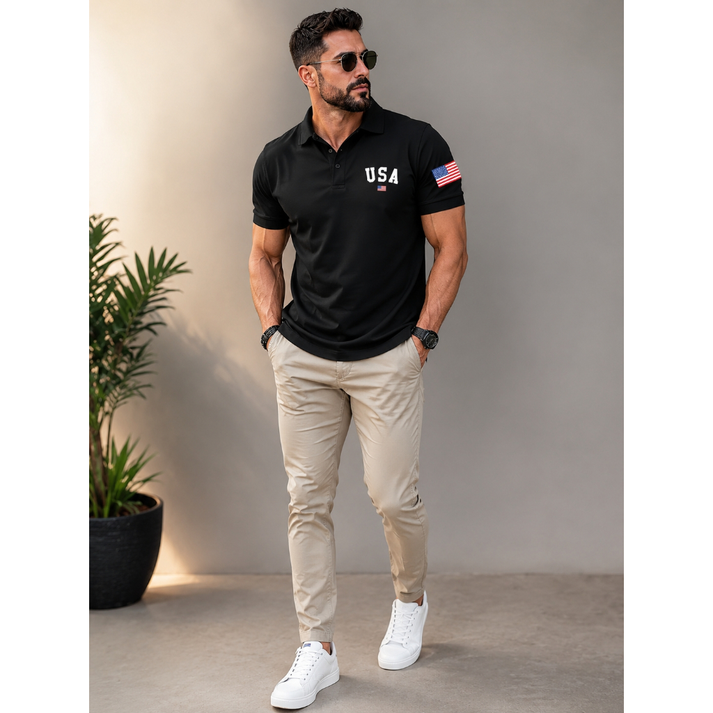 Camisa Polo Masculina USA Estampa Bandeira Americana Premium Gola Polo Manga Curta Casual Confortável
