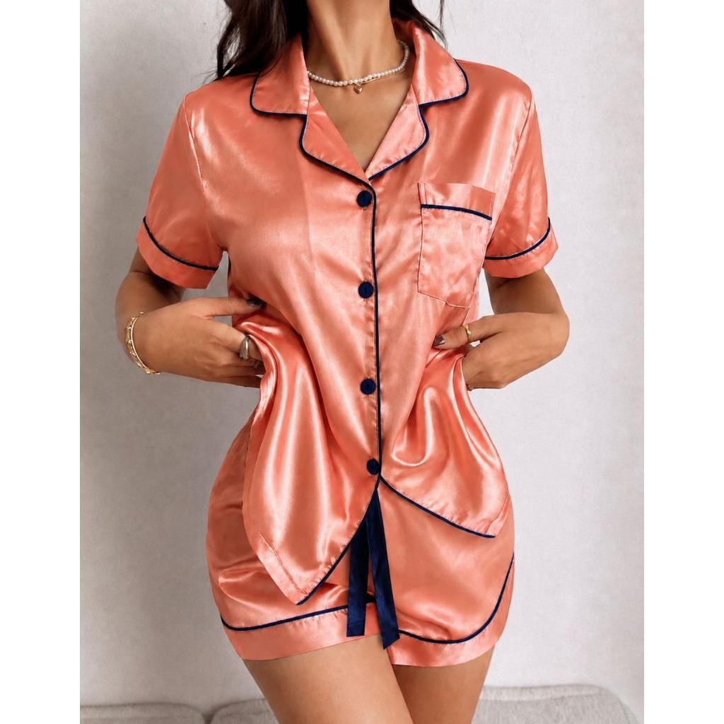 Pijama Feminino Cetim Premium Americano Bolso Botões Manga Curta Conjunto Babydoll