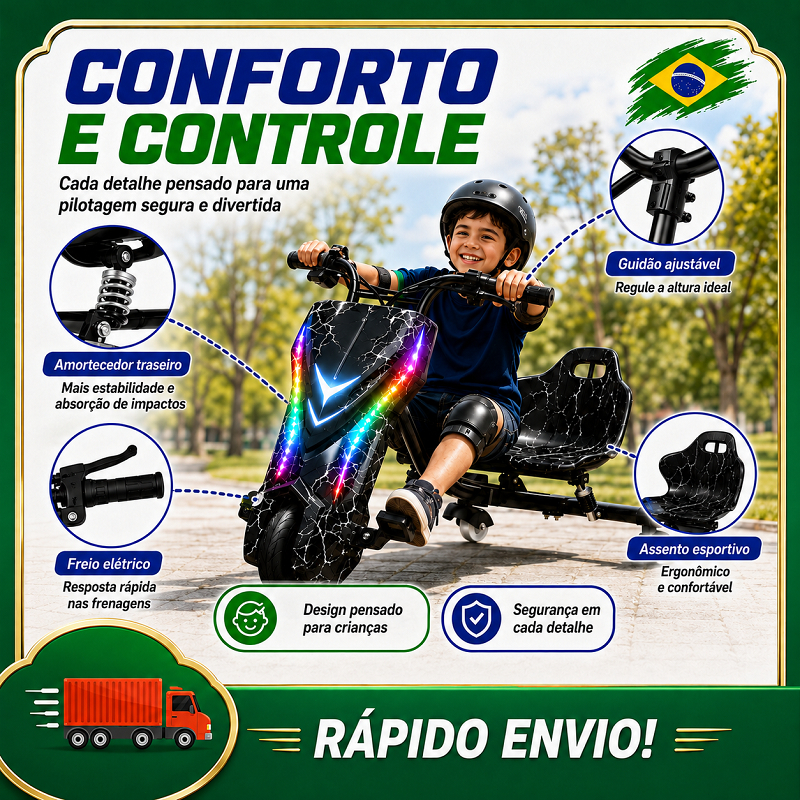Kids Electric Drift Tricycle 350W with 3 Speed Modes, LED, Bluetooth, Adjustable Seat, Helmet and Complete Protectio