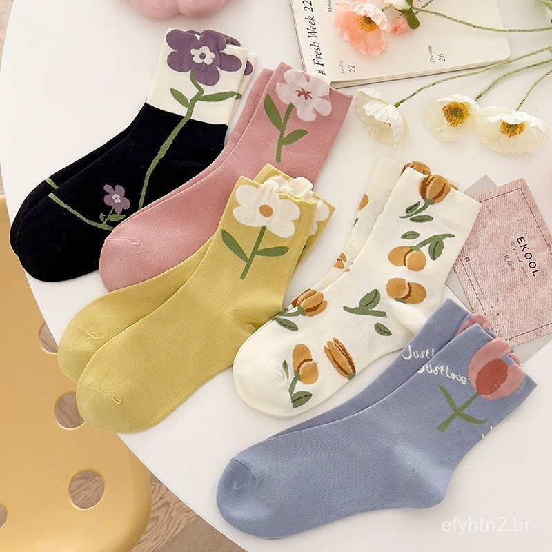 3D Flower Socks for Women Spring and Autumn Mid-Calf Japanese Retro Maternity Socks Autumn and Winter Postpartum Pink Fl