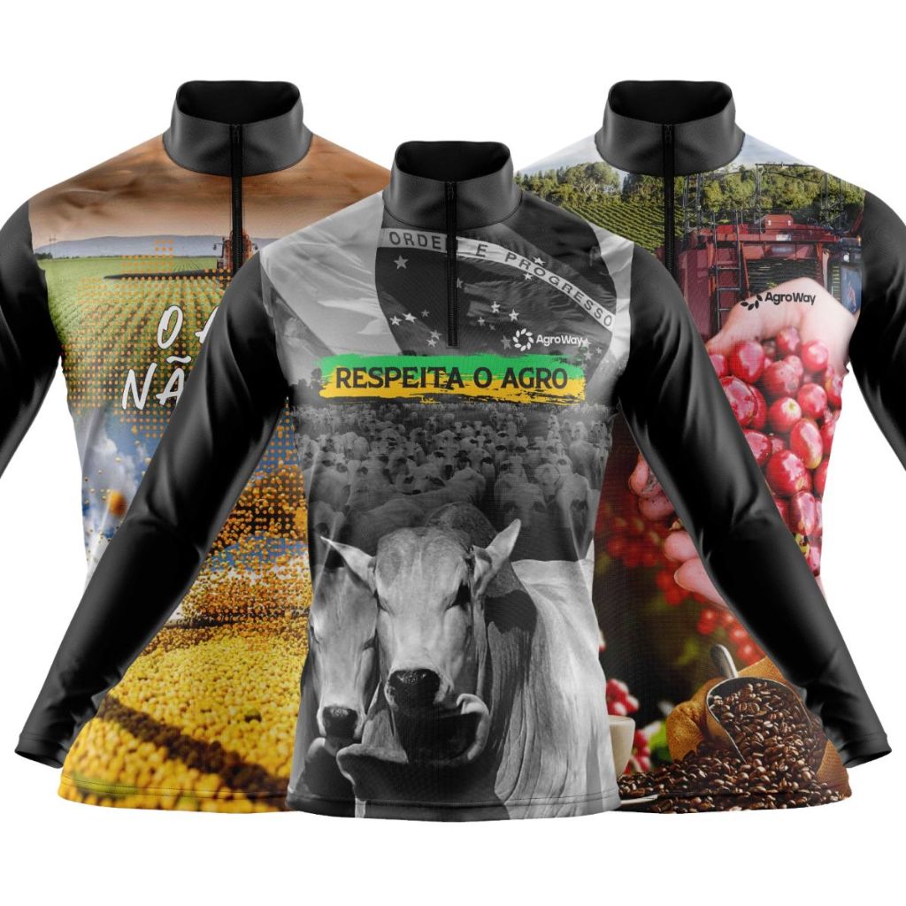 Kit 3 Camisa Camiseta Agro Manga Longa Zíper Colheita Soja Plantação Campo Café Agricultura Durabilidade Agronegócio