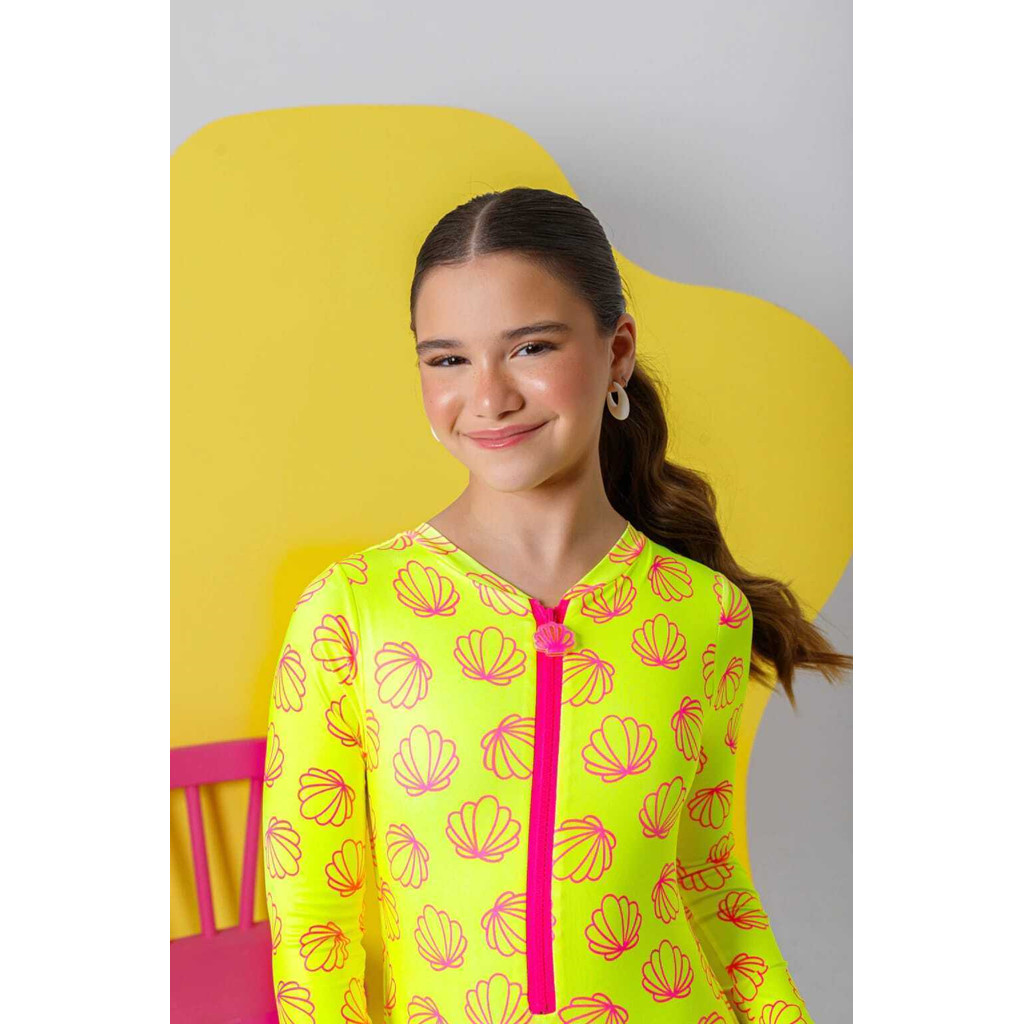 Maiô manga longa com proteção UV Conchas Pink Amarelo Neon