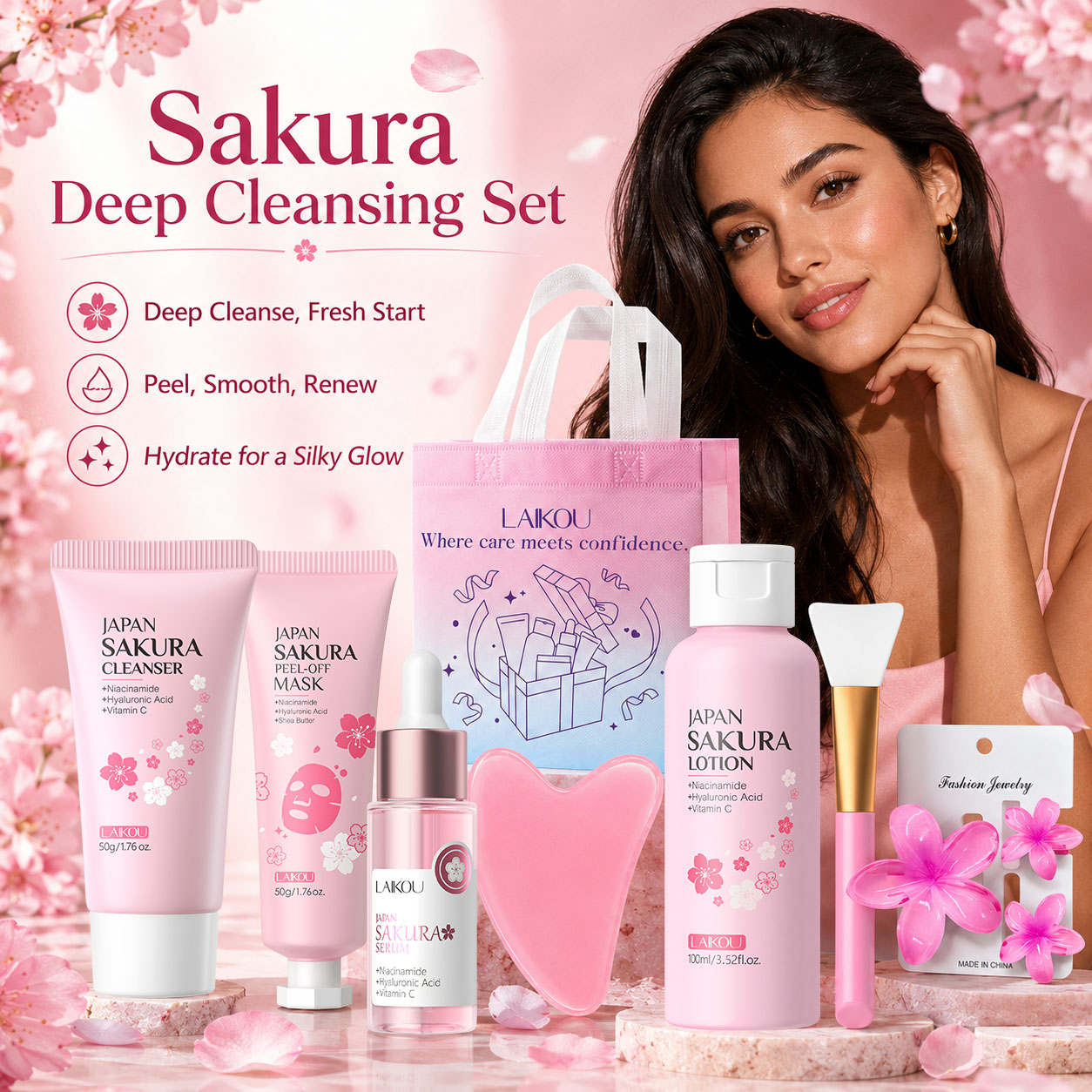 LAIKOU Sakura Conjunto de Cuidados com a Pele 8 Peças Máscara Peel Off Loção Limpador Pincel Placa Guasha Bolsa de