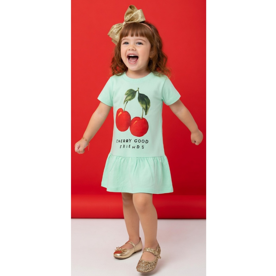 Vestido Infantil Menina Verão Algodão Blogueirinha Luxo Cereja - Tam 04 ao 10 anos - Cherry Good Friends 🍒✨