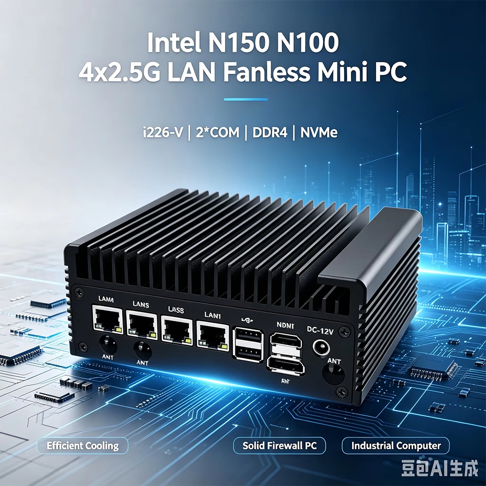 Aparelho Firewall Mini PC 12a Geração Intel N100 N150 2.5G Roteador Macio 4x i226-V LAN DDR4 HDMI 2 * COM Aletas Mais Lo