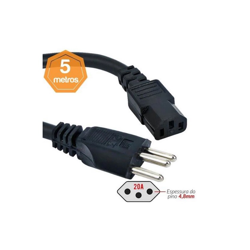 Cabo de Força 5 Metros. Conectores: 1x Novo Padrão Macho Tripolar (NBR 14136) + Plug Fêmea IEC 320 C13 (utilizado na Alimentação da Fonte ATX).