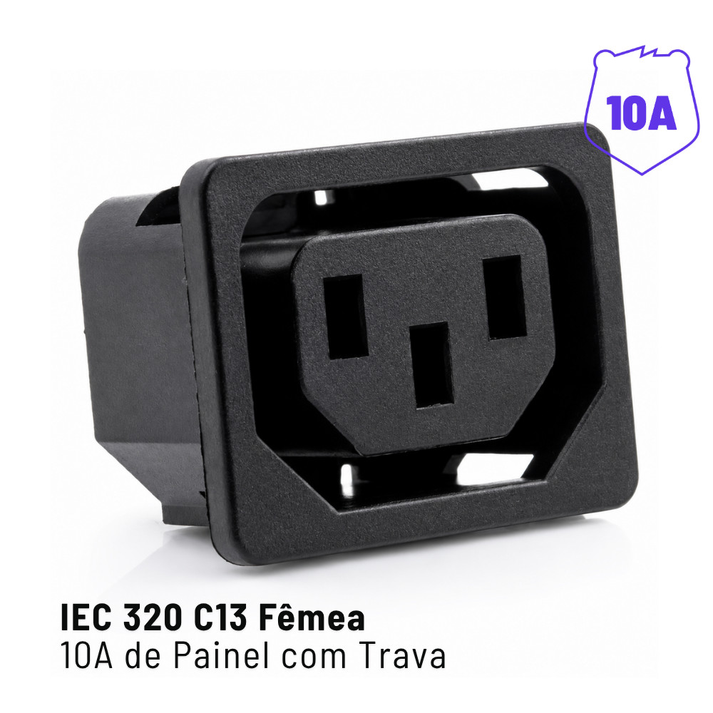 Plug Tomada AC Tripolar IEC 320 C13 Fêmea 10A para Painel com Trava