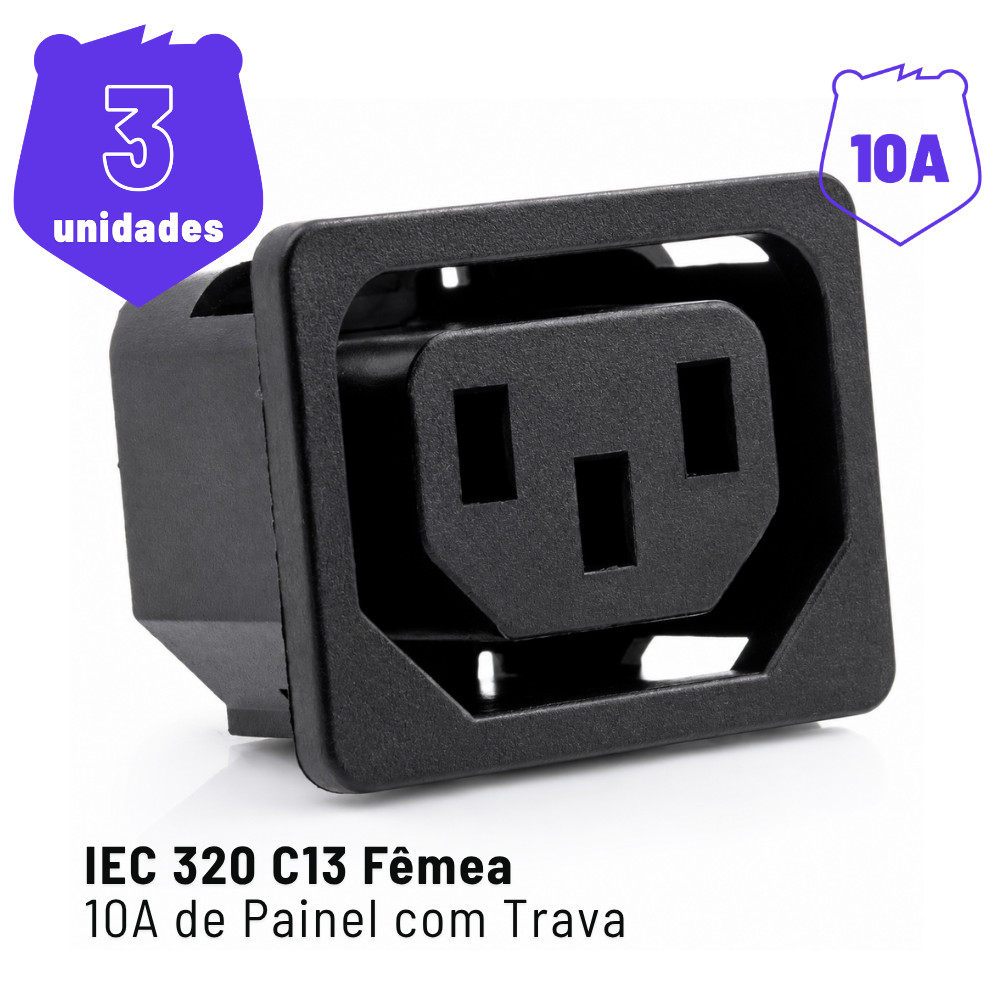 Kit 3 Plug Tomada AC Tripolar IEC 320 C13 Fêmea 10A para Painel com Trava