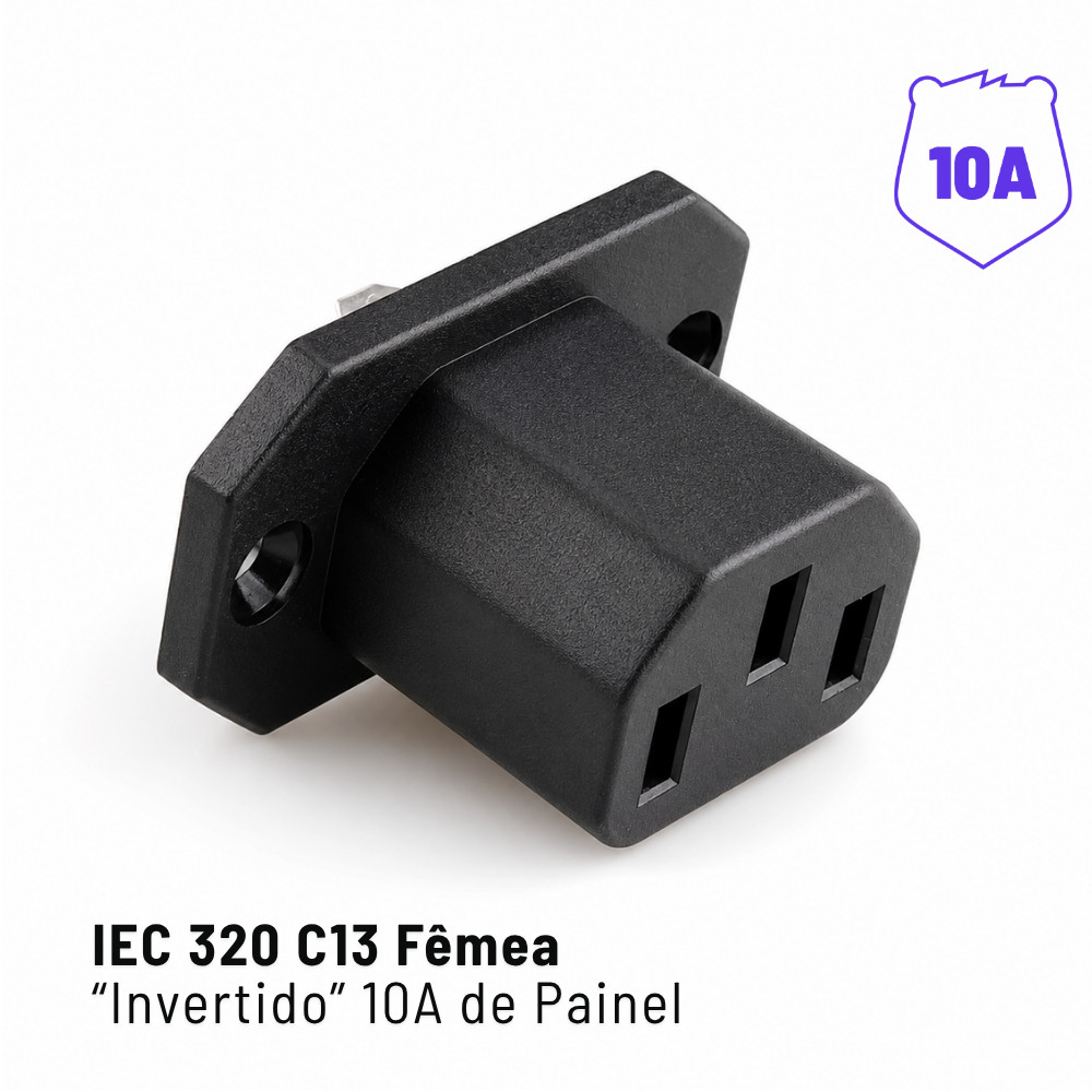 Plug Tomada AC Tripolar IEC 320 C13 Fêmea Invertido 10A para Painel