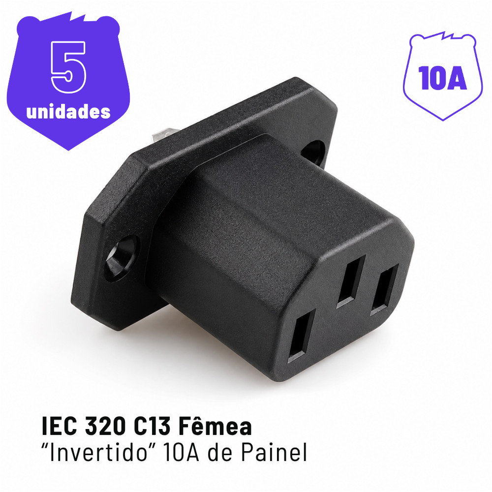 Kit 5 Plug Tomada AC Tripolar IEC 320 C13 Fêmea Invertido 10A para Painel