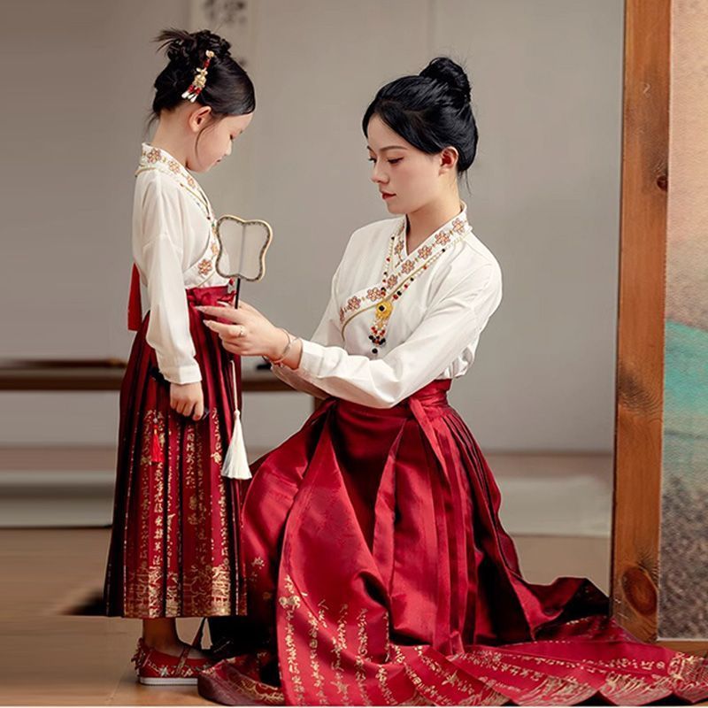 Pai-filho usar mãe-filha Marquise saia terno de verão crianças estilo chinês Hanfu 2026 meninas Ming feito traje antigo