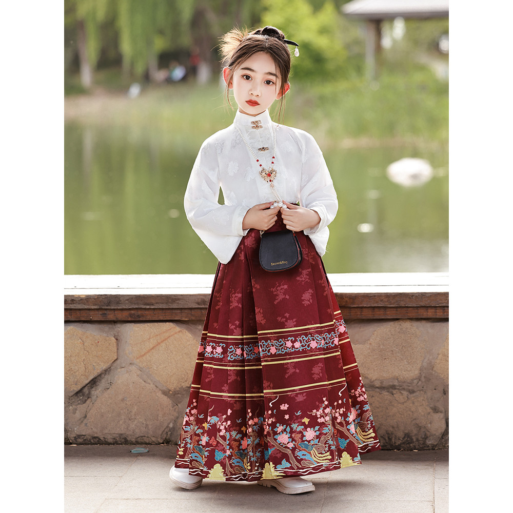 Meninas rosto saia Tang terno 2026 novo estilo menina estilo chinês Ming feito Hanfu traje das crianças cavalo primavera
