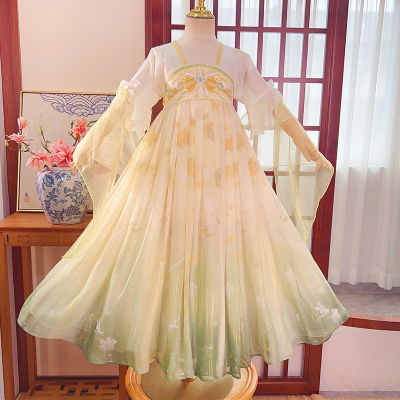 2025 verão Hanfu meninas novo estilo Tang feito bordado crianças traje antigo Super vestido de fadas estilo chinês saia