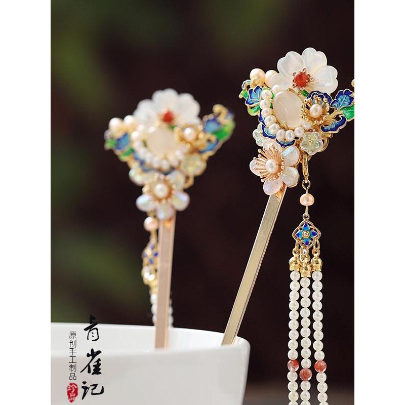 Qingqueji Original Ming feito hairpin cavalo rosto saia queimado azul Cloisonne Hanfu Cheongsam acessórios borla complet