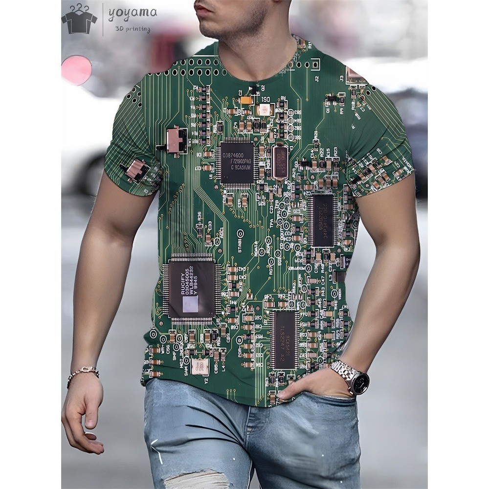 Placa de circuito de verão masculina Chip eletrônico CPU padrão criativo impressão 3D camiseta moda O líder Corte