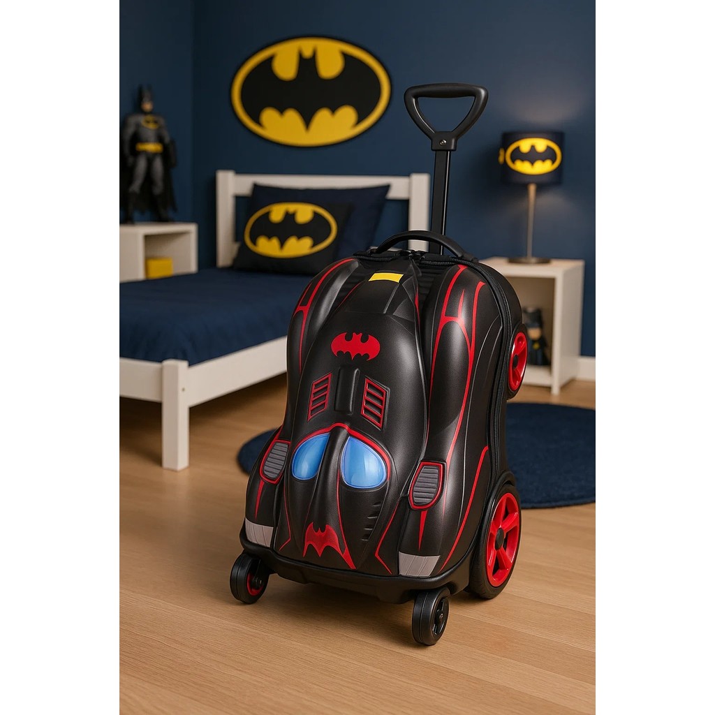 Mala Infantil Batman 3D Rodinhas Carrinho Viagem Menino Bagagem Mao Pequena Leve Resistente Preta
