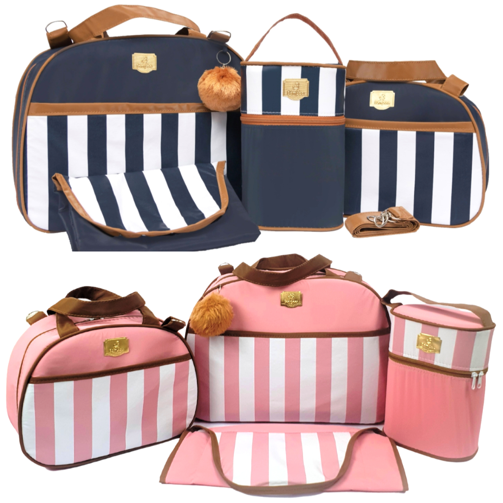 Kit 4 Bolsas Saída Maternidade Mochila Bordado Listra Mala Bordado Peças Leve Enxoval Menina Menino Luxo