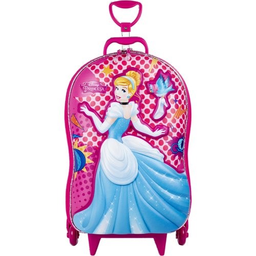 Mochila Infantil Rosa Princesa Cinderela 3D Rodinhas Resistente Leve Viagem Escola