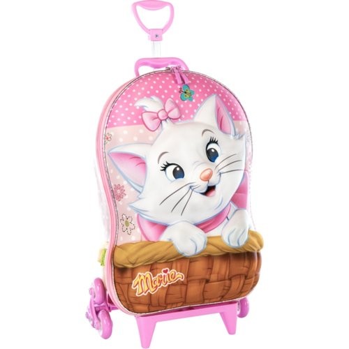 Mochila Infantil Rosa Gatinha Marie 3D Rodinhas Leve Resistente Viagem Escola Material Duravel