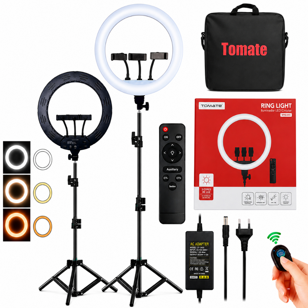 Ring Light LED profissional Original Tomate 18 poregadas Rl18 Grande forte + controle Tripe Bolsa