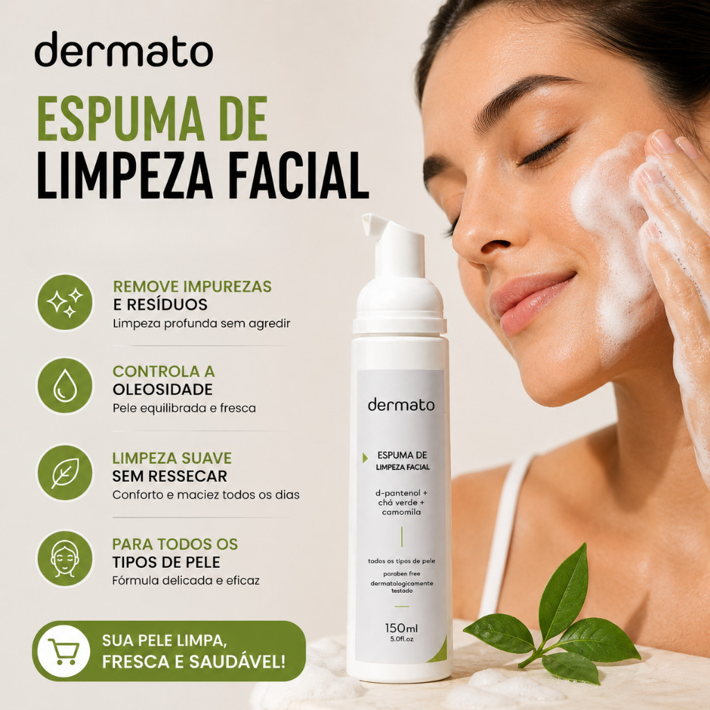 Espuma de Limpeza Facial Dermato 150ml Limpeza Suave para Todos os Tipos de Pele D-Pantenol, Chá Verde e Camomila