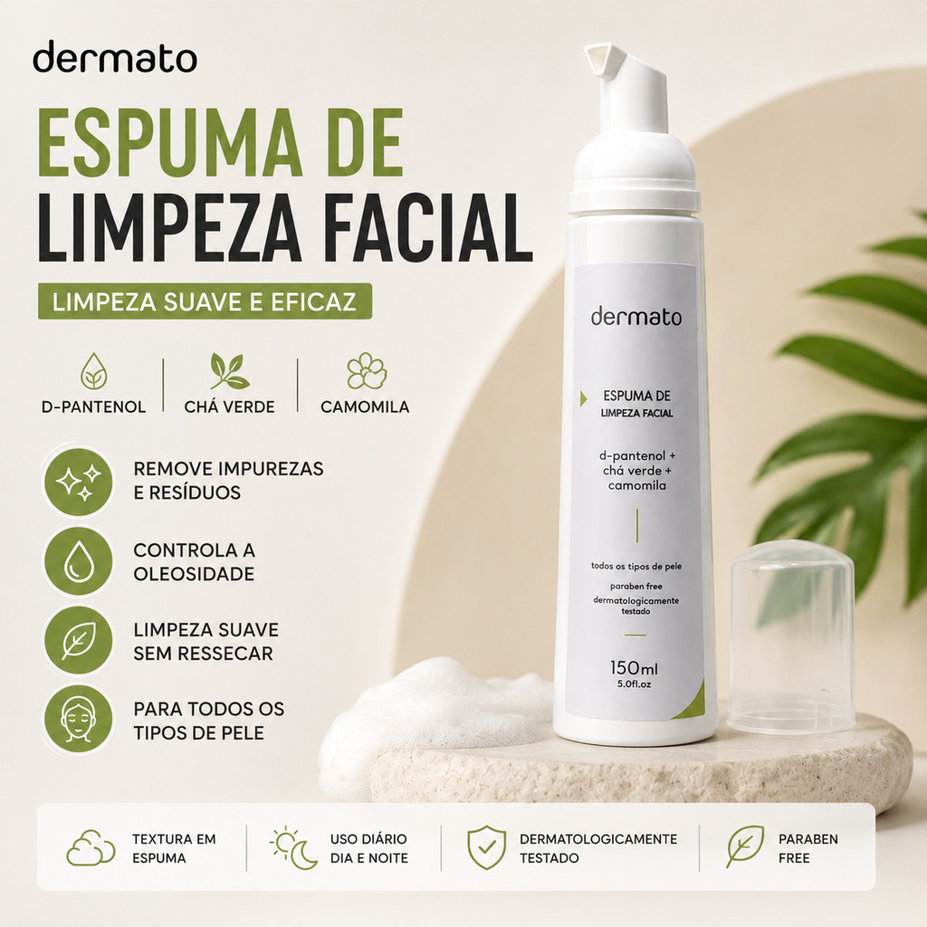 Espuma de Limpeza Facial 150ml | D-Pantenol, Chá Verde e Camomila | Limpeza Suave para Todos os Tipos de Pele