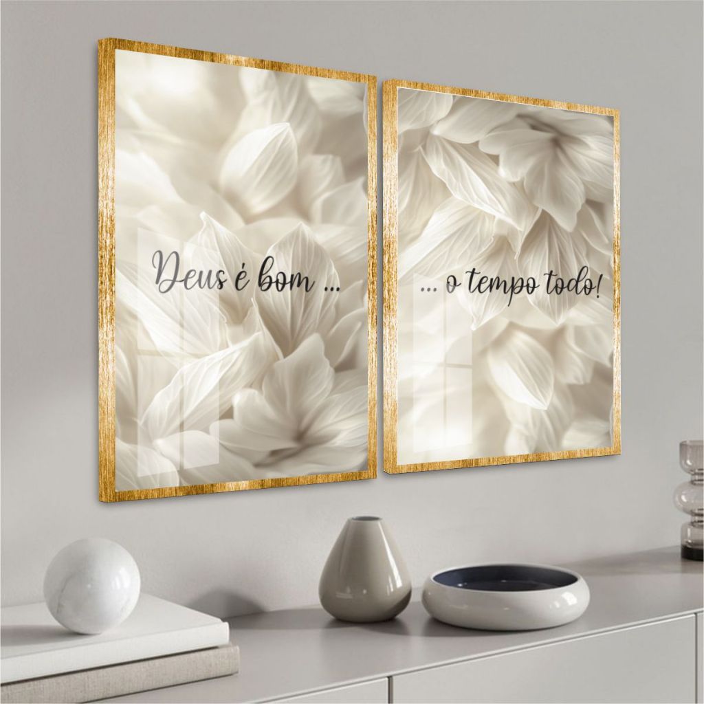 Kit Dueto Quadro Moldura Vidro Frase Religiosa Deus é Bom o Tempo Todo Fundo Abstrato Suaves Neutros
