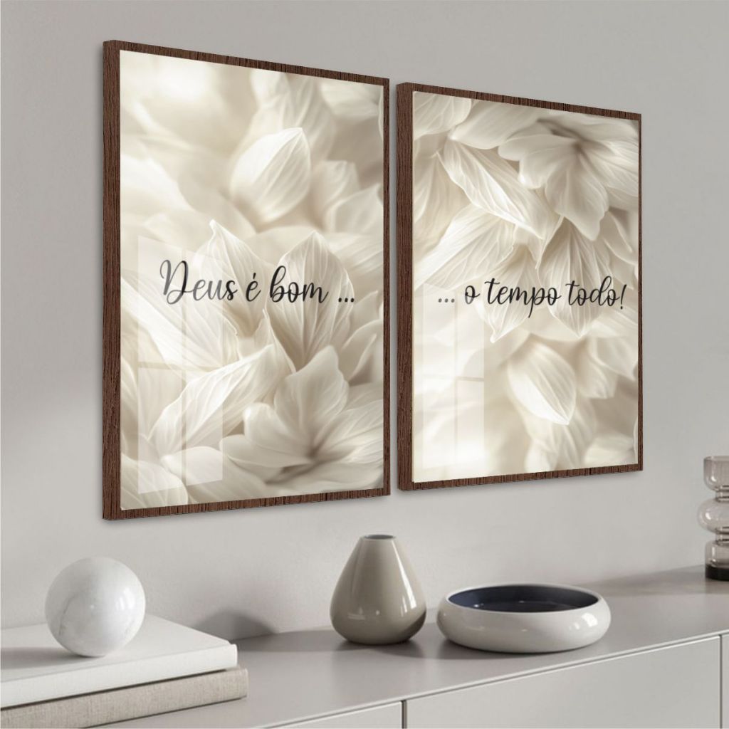 Dueto Quadros Moldura e Vidro Frase Religiosa Deus é Bom o Tempo Todo Fundo Abstrato Suaves Neutros