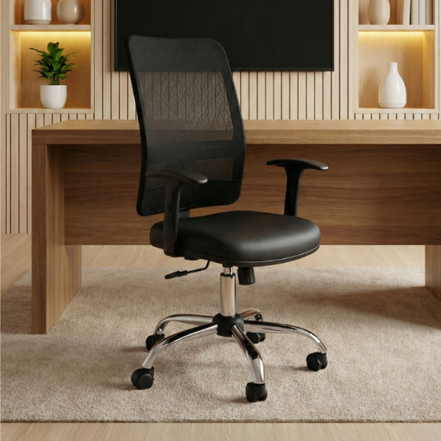 Cadeira Escritório Ergonômica Tela New Base NR17 Executiva Giratória Secretaria Diretor Home Office Back System Cromada