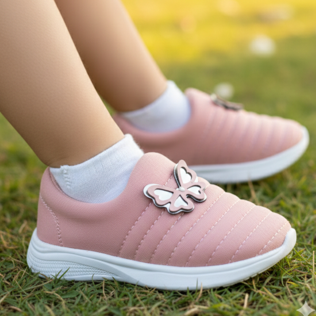 Tênis Infantil Menina Calce Fácil Flexível Rosa ou Preto com Borboleta Escolar Volta as aulas