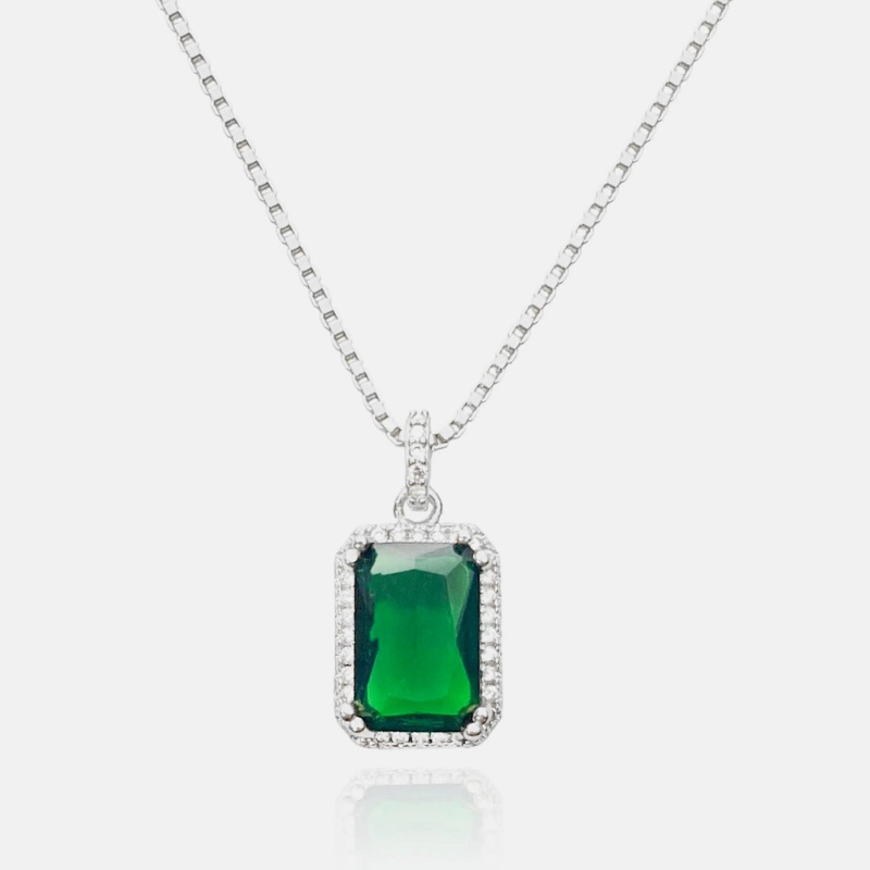 Pingente Vintage  Feminino Cravejado Pedra Verde Banhado a Prata