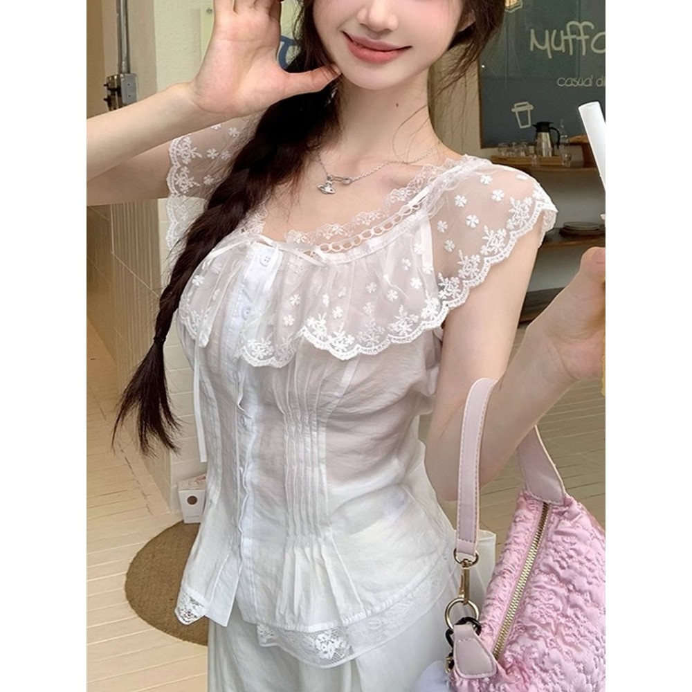 Puro desejo estilo temperamento renda camisa de manga curta feminina verão pequeno Design sentido fora do ombro curto ca