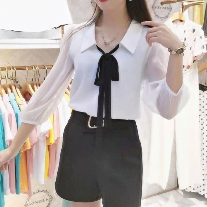 Design sentido manga de três quartos rendas arco Chiffon camisa feminina na moda verão novo estilo All-Match elegante ch