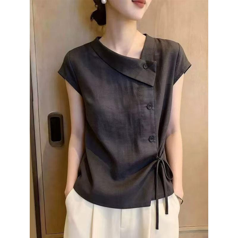 Camisa feminina 2026 verão novo estilo moda redução de idade design Irregular rendas camisa design sentido