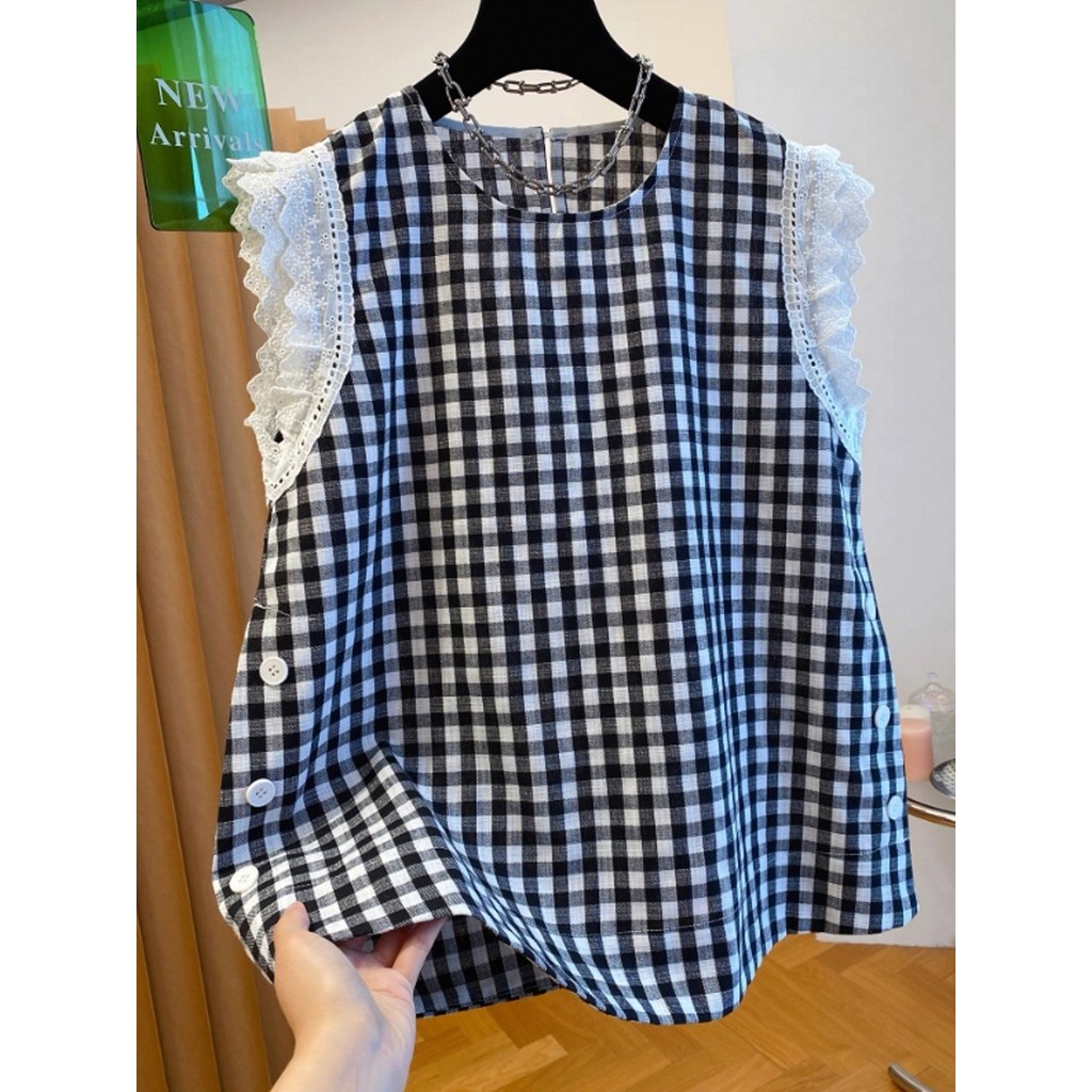 Design de comércio exterior sentido renda guarnição algodão linho xadrez camisa feminina verão fino solto sem mangas col