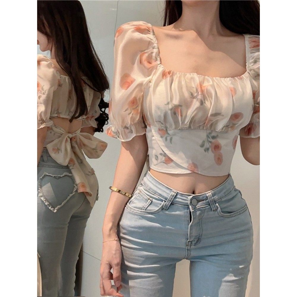 Pequeno Floral Chiffon camisa de manga curta feminina verão Design sentido umbigo cintura estreita rendas manga Puff cur