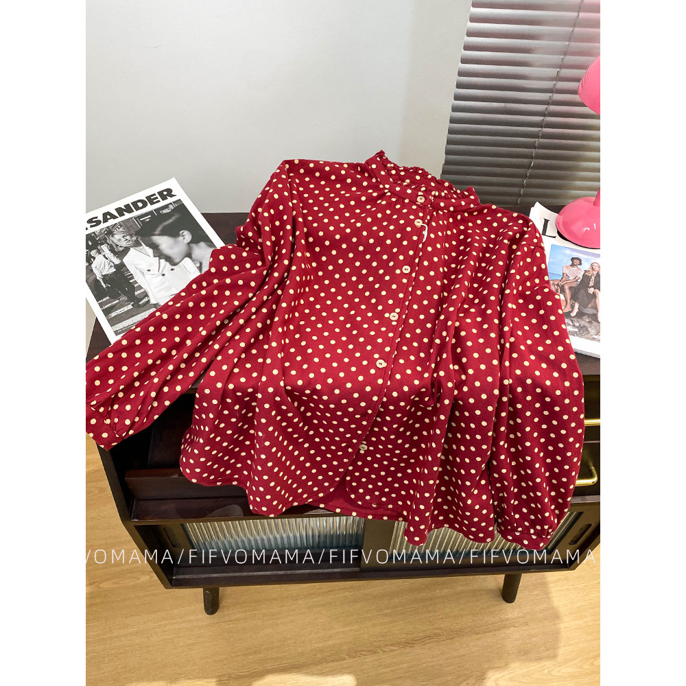 Design sentido fungo gola de renda Polka Dot camisa feminina 2025 verão francês High-End solto All-Match manga comprida
