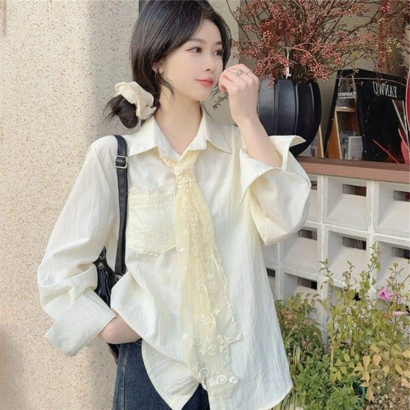 Verão camisas de manga comprida Design feminino sentido combinando renda interior exterior usar camisas elegante All-Mat