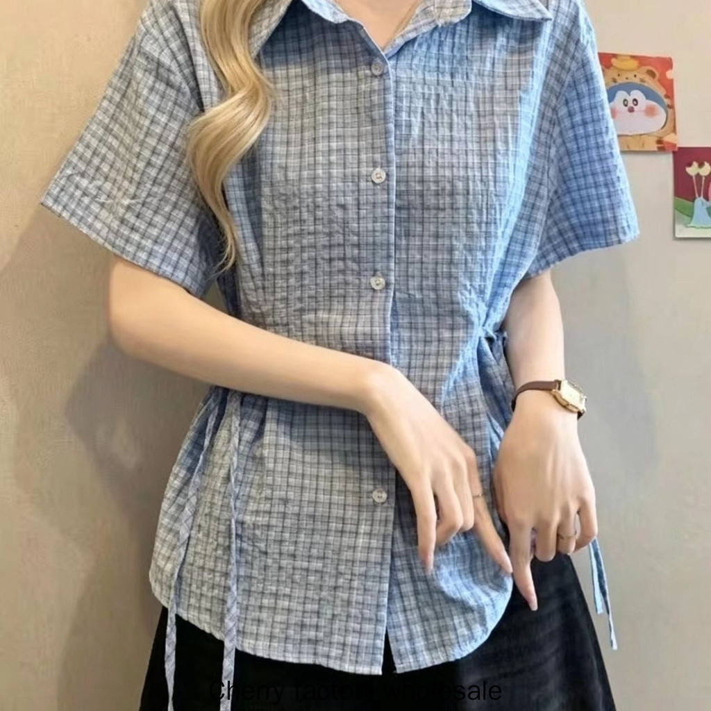 Moda feminina versão coreana gola polo camisa de manga curta xadrez Design sentido rendas cintura estreita S