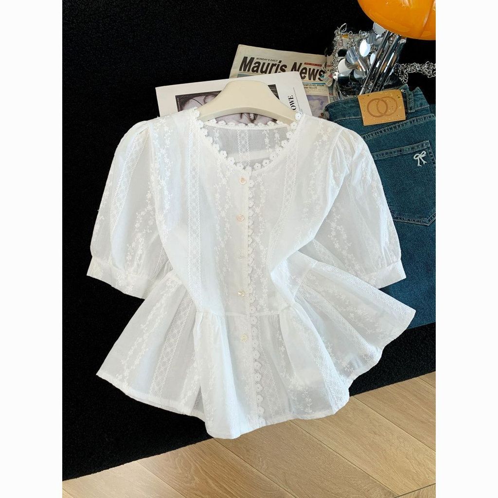 Francês estilo suave renda Jacquard manga bufante camisa feminina Design sentido cintura estreita mais magro olhar camis