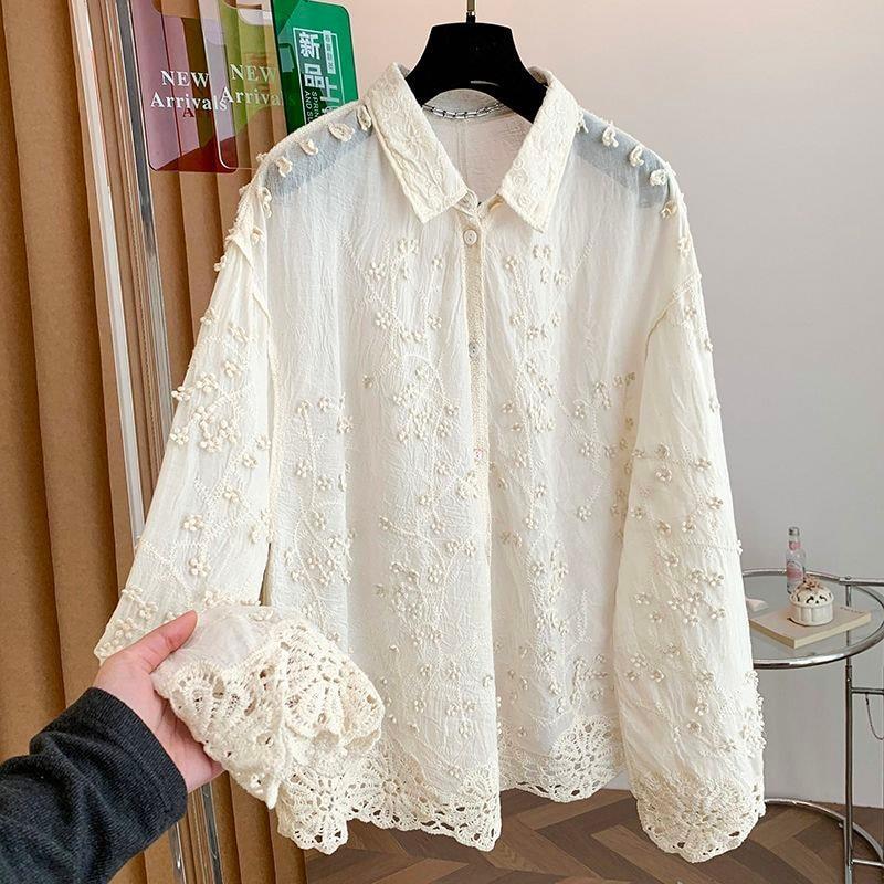 Design sentido tridimensional Jacquard renda costura camisa primavera tamanho grande solto leve Cardigan camisa fora