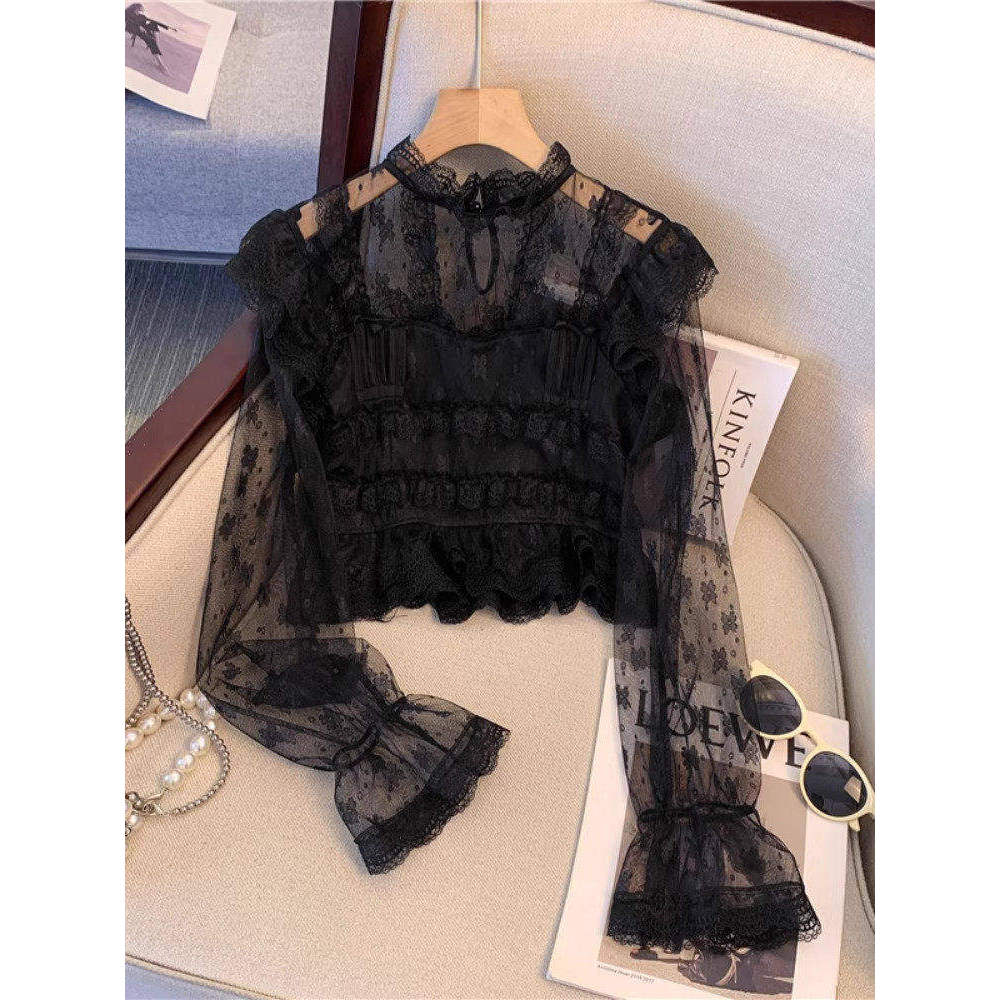 Primavera verão manga comprida protetor solar camisa de renda High-End sentido gaze ligeiramente transparente topo novo