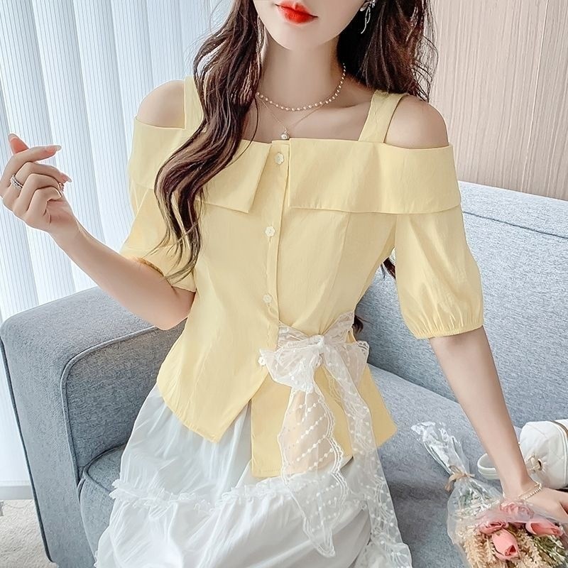 Camisa Irregular de manga curta novo estilo verão Design sentido renda amarrada cintura estreita alta-